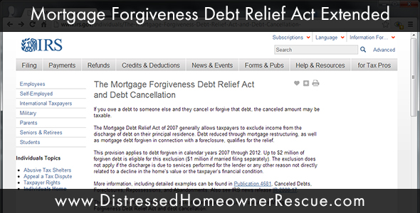 The Mortgage Forgiveness Debt Relief Act has been extended through 2013.
